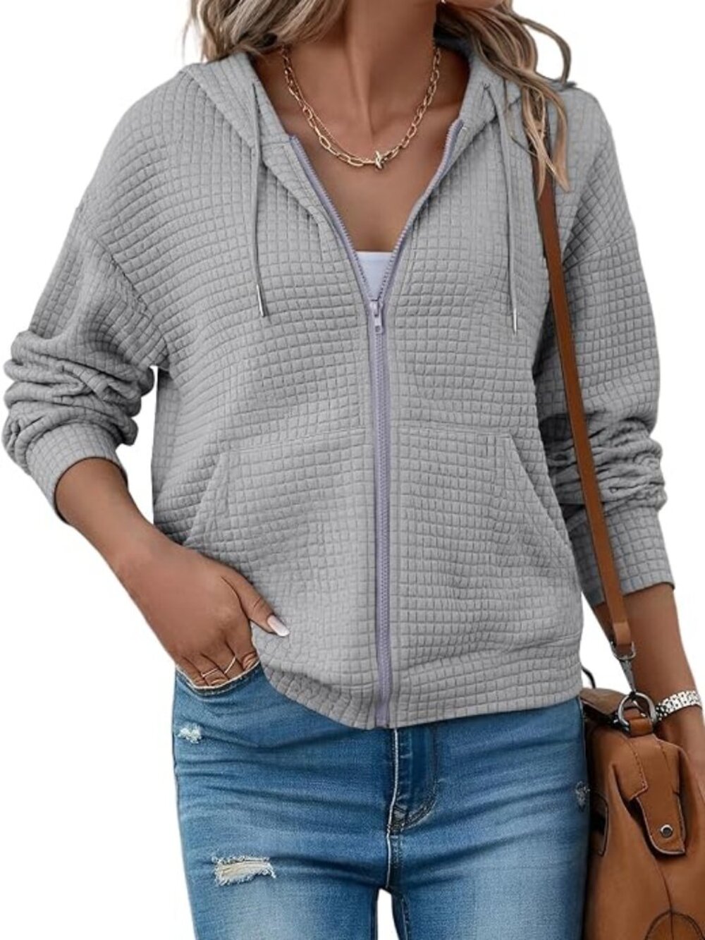 Women's Gray Zip Up Hoodies Oversized Sweatshirt Casual Waffle Hooded Jackets